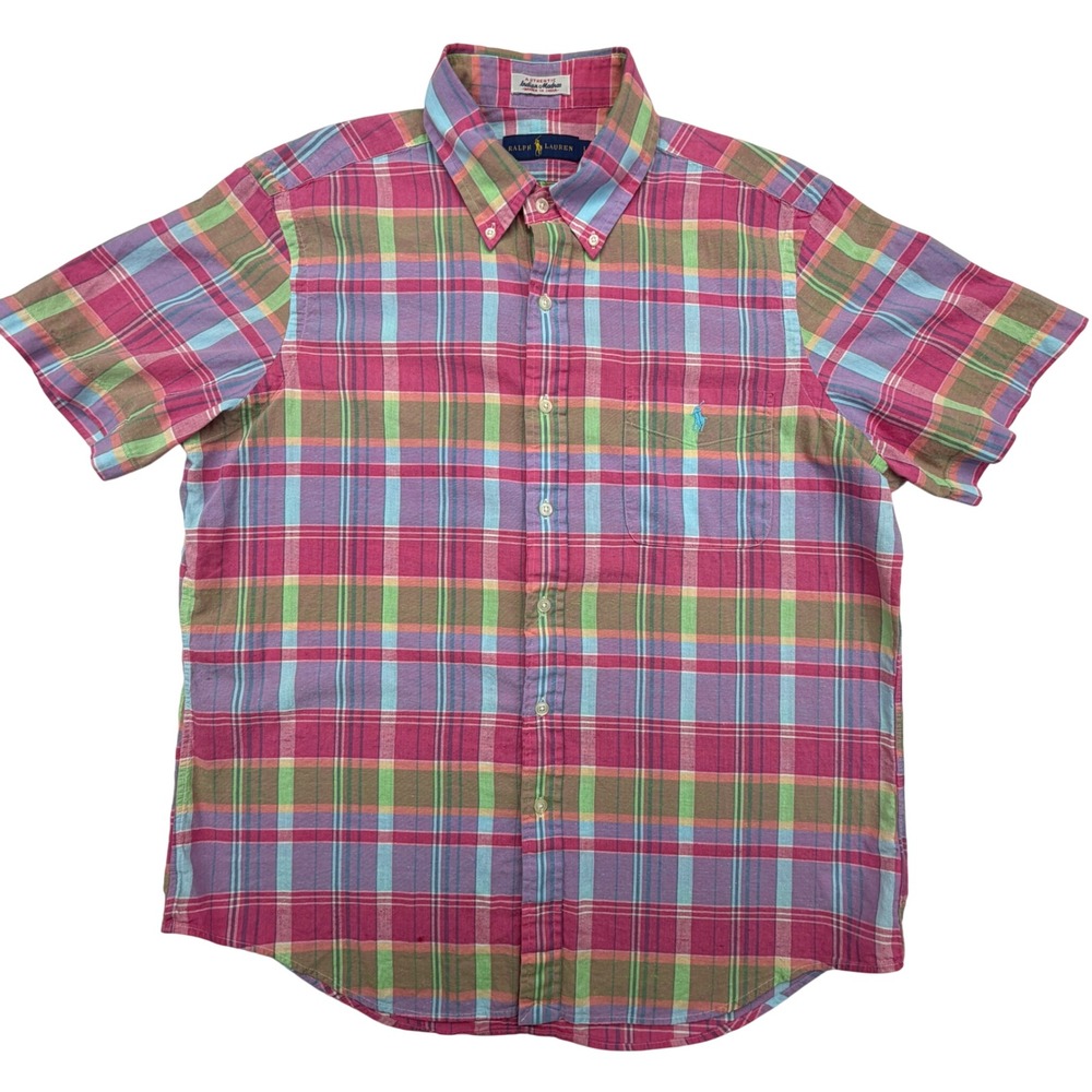 Ralph Lauren Men's Short Sleeve Indian Madras Plaid Button Down Shirt L